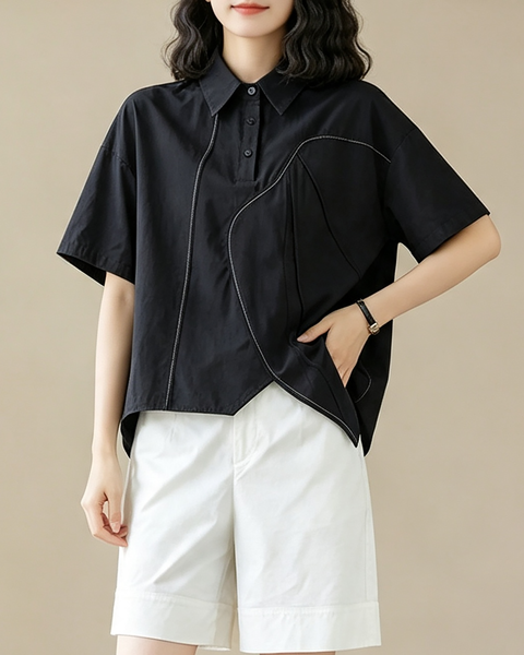 ellazhu Women's Oversized Button Shirt Short Sleeve Blouse Loose GX05 Black