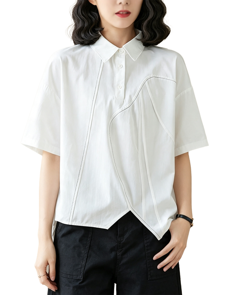 ellazhu Women's Oversized Button Shirt Short Sleeve Blouse Loose GX05 Black
