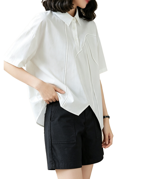 ellazhu Women's Oversized Button Shirt Short Sleeve Blouse Loose GX05 Black