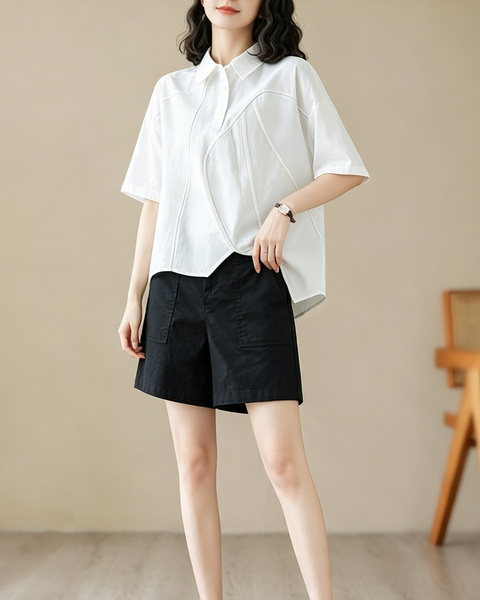 ellazhu Women's Oversized Button Shirt Short Sleeve Blouse Loose GX05 Black