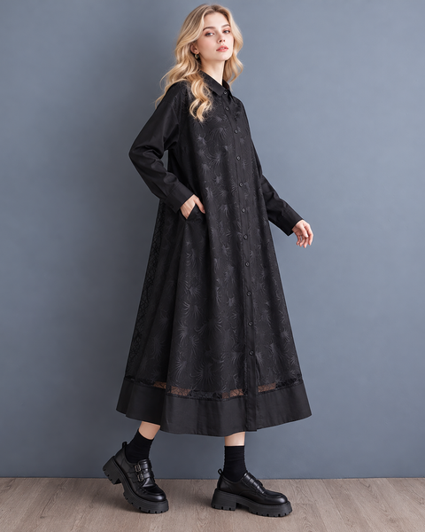 ellazhu Women's Oversized Lace Button Down A Line Maxi Shirt Dress GX050