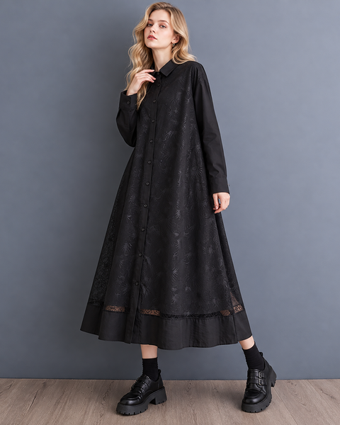 ellazhu Women's Oversized Lace Button Down A Line Maxi Shirt Dress GX050