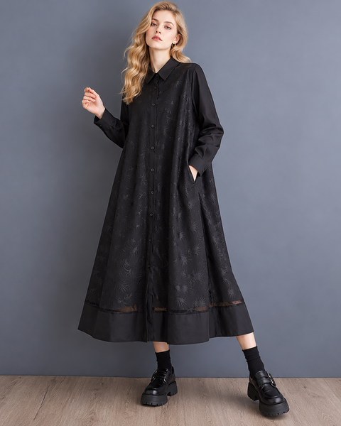 ellazhu Women's Oversized Lace Button Down A Line Maxi Shirt Dress GX050