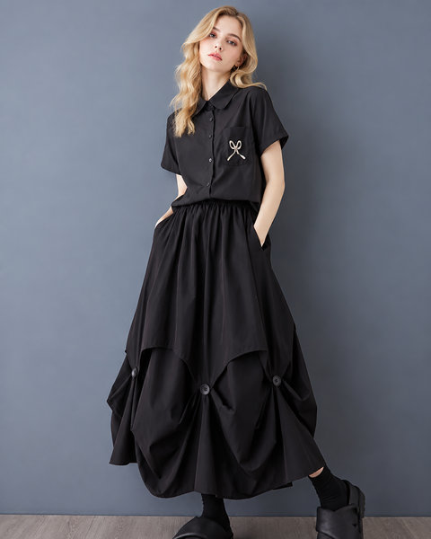 ellazhu Women's Asymmetric Button Draped Maxi Skirt with Pockets GX051