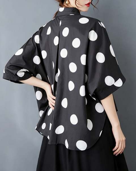 ellazhu Women's Polka Dot Batwing Sleeves Button Down Shirt Blouses GX06 Black