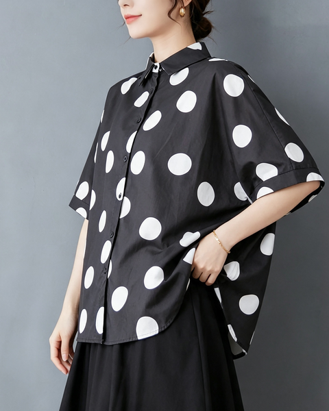 ellazhu Women's Polka Dot Batwing Sleeves Button Down Shirt Blouses GX06 Black