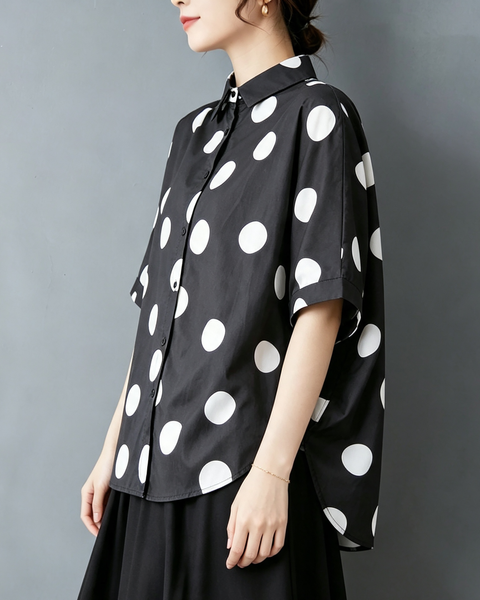 ellazhu Women's Polka Dot Batwing Sleeves Button Down Shirt Blouses GX06 Black