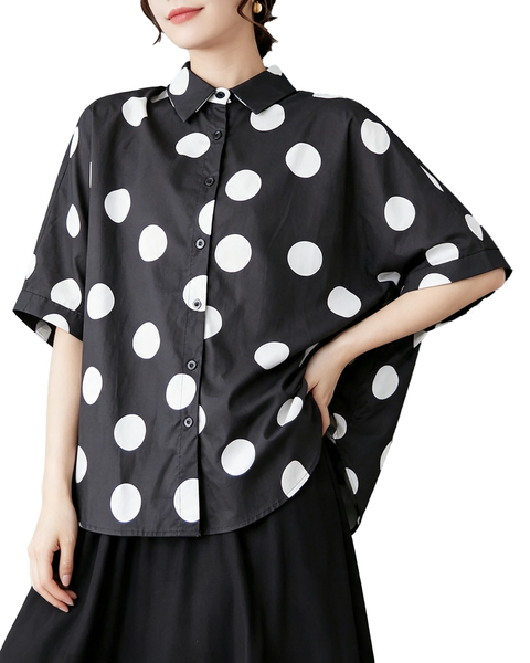 ellazhu Women's Polka Dot Batwing Sleeves Button Down Shirt Blouses GX06 Black