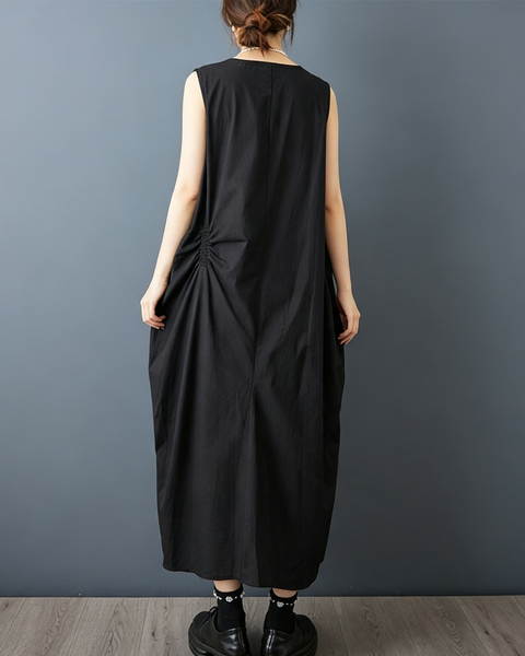 ellazhu Women's Sleeveless Maxi Dress Ruched Cocoon Loose Oversized GX07 Black