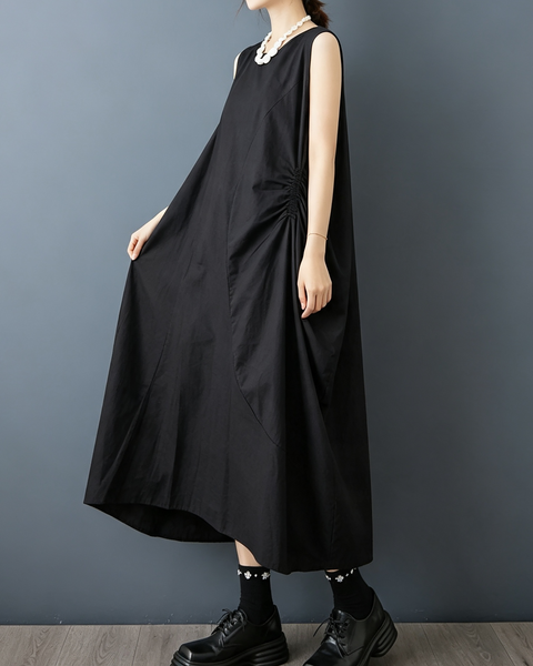 ellazhu Women's Sleeveless Maxi Dress Ruched Cocoon Loose Oversized GX07 Black