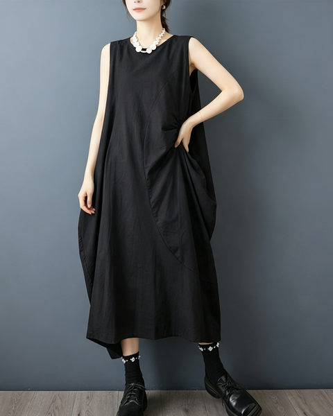 ellazhu Women's Sleeveless Maxi Dress Ruched Cocoon Loose Oversized GX07 Black