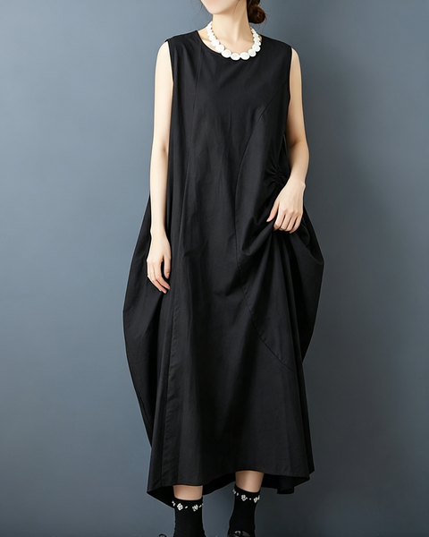 ellazhu Women's Sleeveless Maxi Dress Ruched Cocoon Loose Oversized GX07 Black
