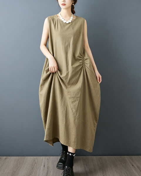 ellazhu Women's Sleeveless Maxi Dress Ruched Cocoon Loose Oversized GX07 Black