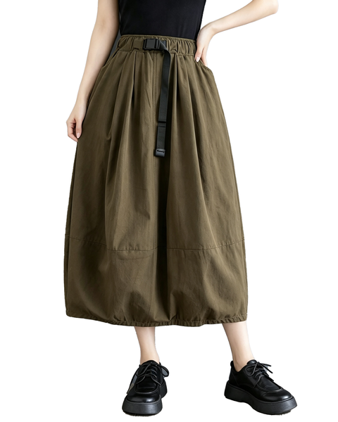 ellazhu Women's High Waist Cotton A Line Midi Skirt with Drawstring GX08 Khaki