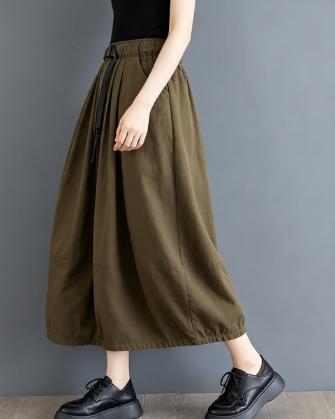 ellazhu Women's High Waist Cotton A Line Midi Skirt with Drawstring GX08 Khaki