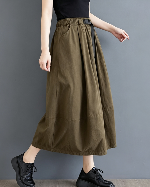 ellazhu Women's High Waist Cotton A Line Midi Skirt with Drawstring GX08 Khaki