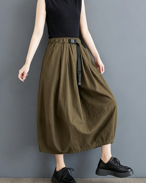 ellazhu Women's High Waist Cotton A Line Midi Skirt with Drawstring GX08 Khaki