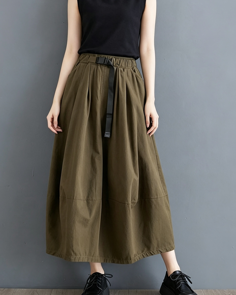 ellazhu Women's High Waist Cotton A Line Midi Skirt with Drawstring GX08 Khaki