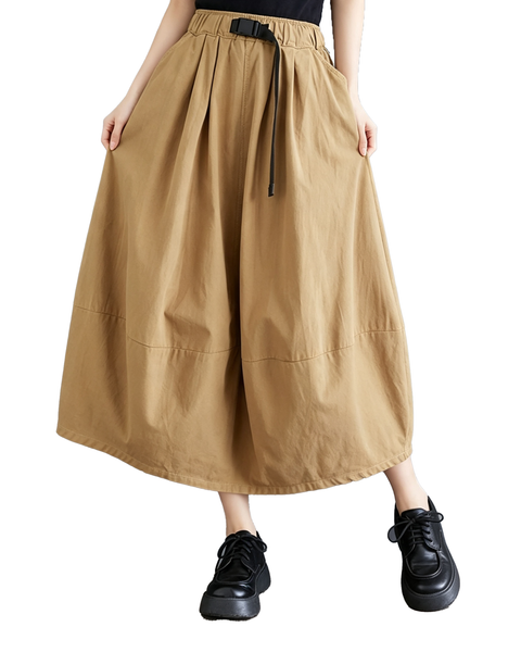 ellazhu Women's High Waist Cotton A Line Midi Skirt with Drawstring GX08 Khaki