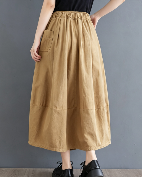 ellazhu Women's High Waist Cotton A Line Midi Skirt with Drawstring GX08 Khaki