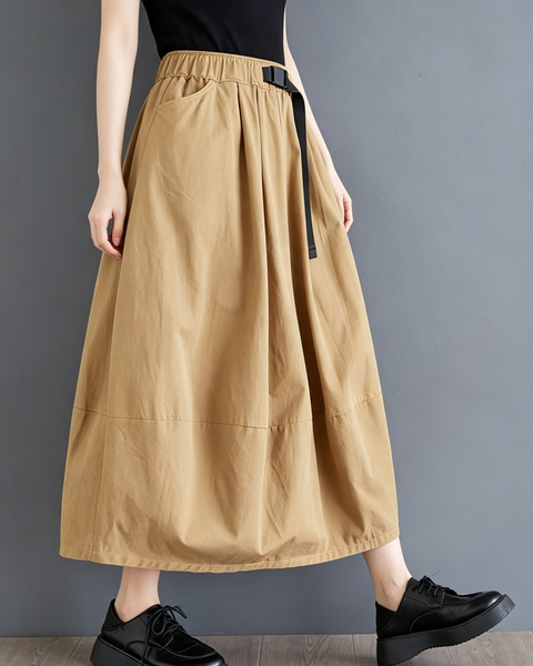 ellazhu Women's High Waist Cotton A Line Midi Skirt with Drawstring GX08 Khaki