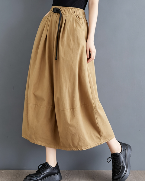 ellazhu Women's High Waist Cotton A Line Midi Skirt with Drawstring GX08 Khaki