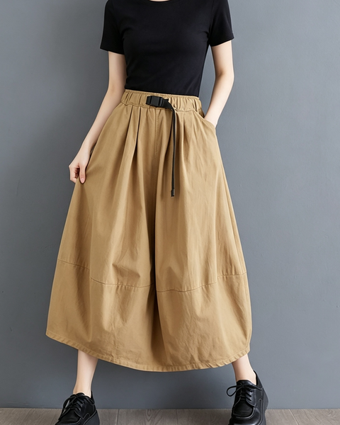 ellazhu Women's High Waist Cotton A Line Midi Skirt with Drawstring GX08 Khaki