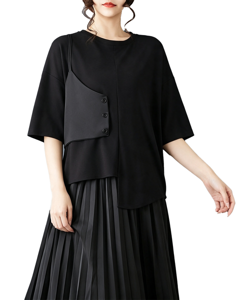 ellazhu Women's Oversized Asymmetric Layered Short Sleeve Tunic Top GX09 Bk