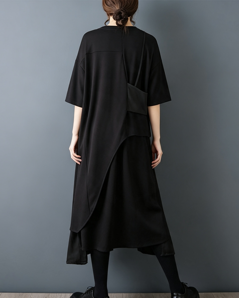 ellazhu Women's Oversized Asymmetric Layered Short Sleeve Tunic Top GX09 Bk