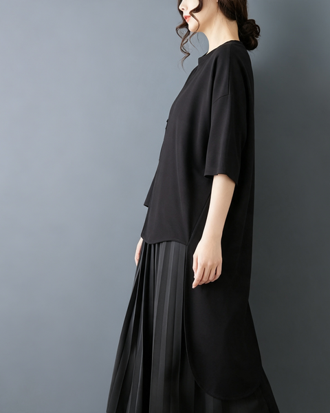 ellazhu Women's Oversized Asymmetric Layered Short Sleeve Tunic Top GX09 Bk