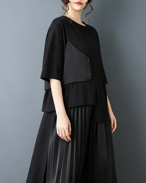 ellazhu Women's Oversized Asymmetric Layered Short Sleeve Tunic Top GX09 Bk