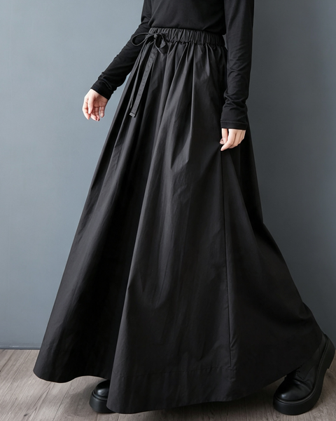 ellazhu Women's Elastic Waist A Line Maxi Skirt with Pockets Casual GX010 Black