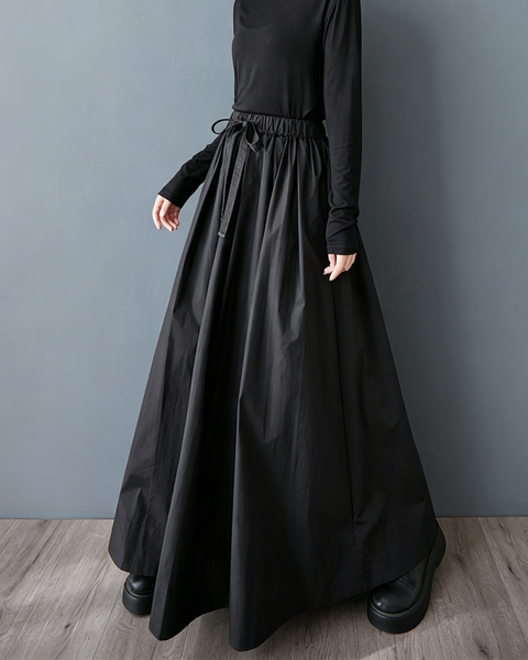 ellazhu Women's Elastic Waist A Line Maxi Skirt with Pockets Casual GX010 Black