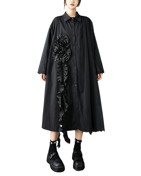 ellazhu Women's Oversized Rosette Tulle Button Shirt Dress Casual GZ1001