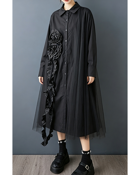 ellazhu Women's Oversized Rosette Tulle Button Shirt Dress Casual GZ1001