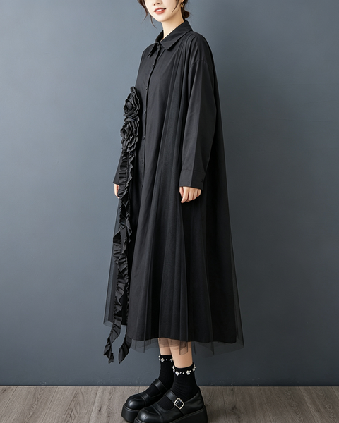 ellazhu Women's Oversized Rosette Tulle Button Shirt Dress Casual GZ1001