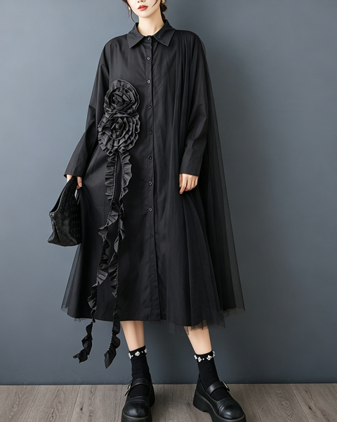 ellazhu Women's Oversized Rosette Tulle Button Shirt Dress Casual GZ1001