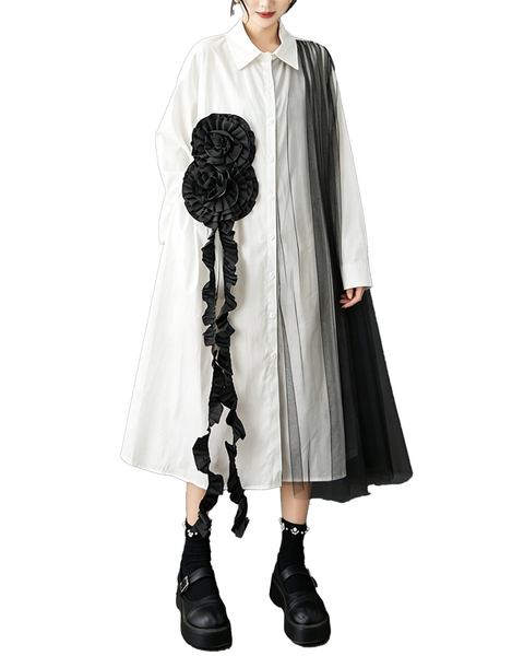 ellazhu Women's Oversized Rosette Tulle Button Shirt Dress Casual GZ1001