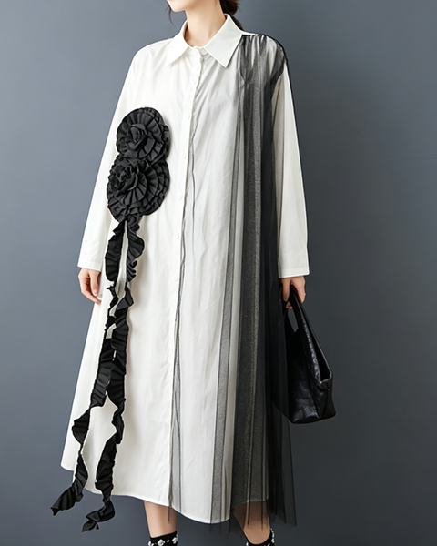 ellazhu Women's Oversized Rosette Tulle Button Shirt Dress Casual GZ1001