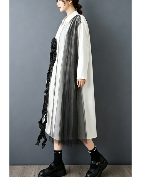 ellazhu Women's Oversized Rosette Tulle Button Shirt Dress Casual GZ1001