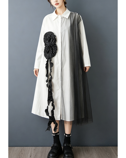 ellazhu Women's Oversized Rosette Tulle Button Shirt Dress Casual GZ1001