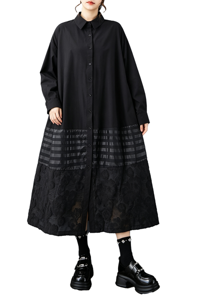 ellazhu Women's Oversized Lace Mesh Patchwork Shirt Dress Relaxed GZ1002