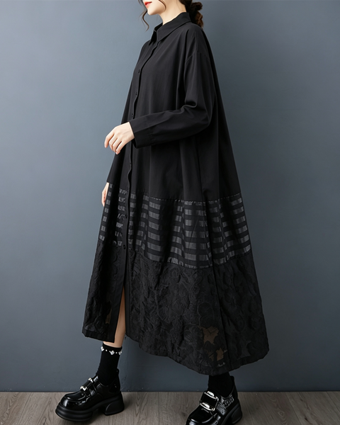 ellazhu Women's Oversized Lace Mesh Patchwork Shirt Dress Relaxed GZ1002