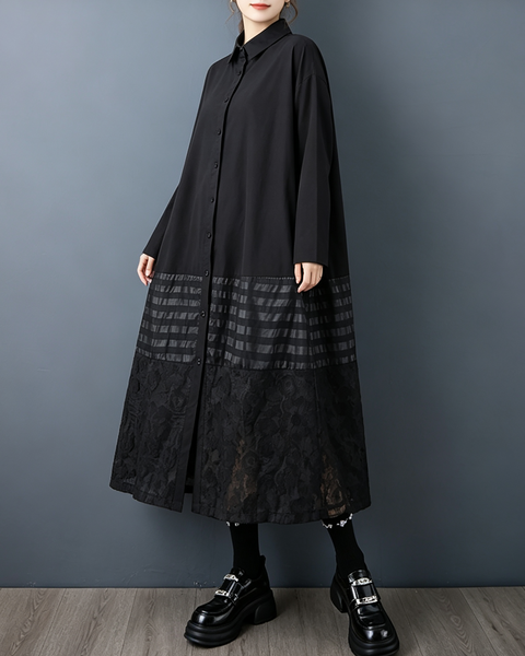 ellazhu Women's Oversized Lace Mesh Patchwork Shirt Dress Relaxed GZ1002