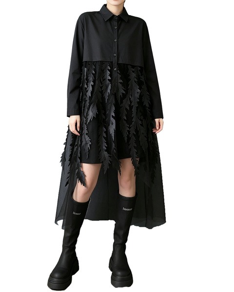ellazhu Women's Oversized Tulle Leaf Patchwork Button Shirt Dress GZ1003