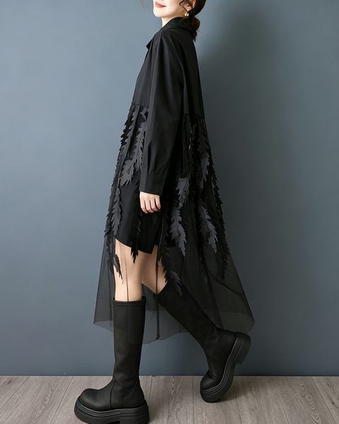 ellazhu Women's Oversized Tulle Leaf Patchwork Button Shirt Dress GZ1003