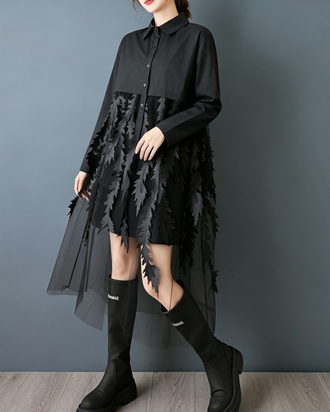 ellazhu Women's Oversized Tulle Leaf Patchwork Button Shirt Dress GZ1003