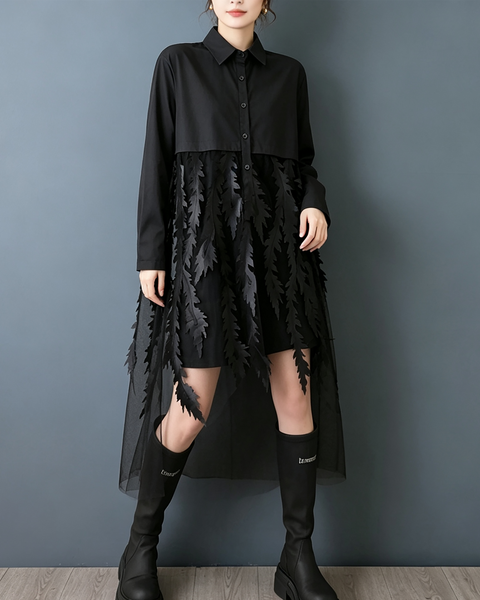 ellazhu Women's Oversized Tulle Leaf Patchwork Button Shirt Dress GZ1003