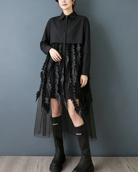 ellazhu Women's Oversized Tulle Leaf Patchwork Button Shirt Dress GZ1003