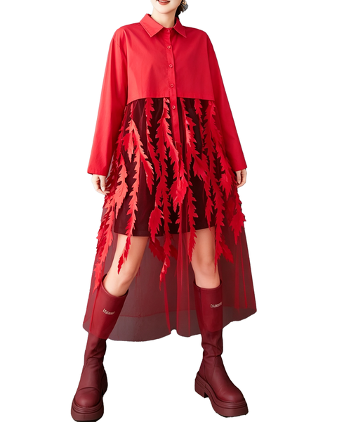 ellazhu Women's Oversized Tulle Leaf Patchwork Button Shirt Dress GZ1003